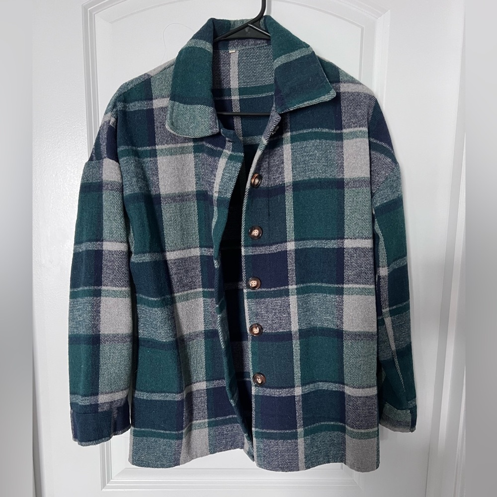 Green and blue flannel shacket